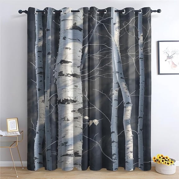Winter Birch Forest Patterned Blackout Curtains For Bedroom, Living Room Decor, Room Darkening Thermal Insulated Grommet Drapes, Black And White Woodland Curtains 42"W x 96"L (Pack of 2)
