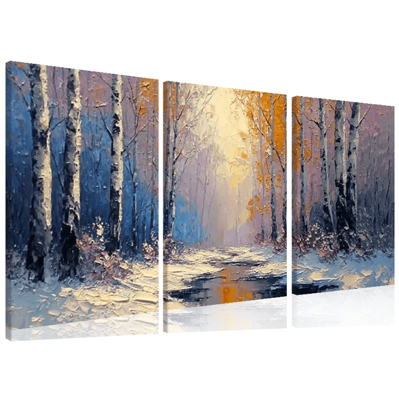 Winter Birch Path Canvas Wall Art Modern Abstract Landscape Painting with Snow-Covered Trees River Reflections, High-Quality Framed Print for Living Room, Bedroom, Office12*16inch*3pcs
