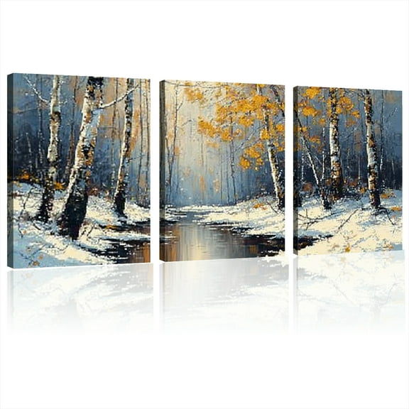 Winter Birch Path Canvas Wall Art – Modern Abstract Landscape Painting with Snow-Covered Trees &amp; River Reflections, High-Quality Framed Print for Living Room, Bedroom, Office12*16inch*3pcs