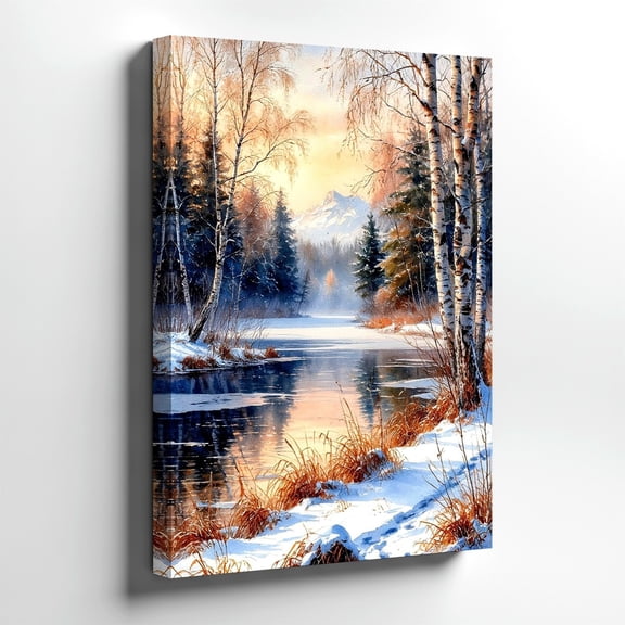 Winter Birch River Sunset Wall Art Print, Snow Landscape Decor
