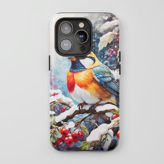 Winter Bird Branch Design For All iPhone Series Tough Phone Case Watercolor Style Multi Color