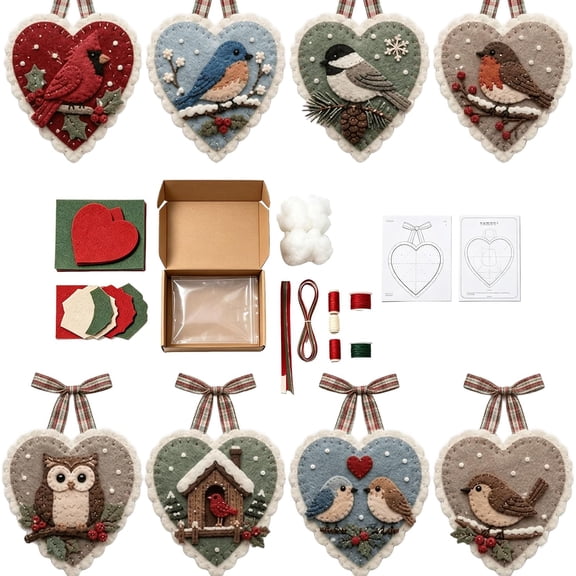 Winter Bird Pre-Cut Felt Heart Ornament Kit, Beginner-Friendly Autumn Felt DIY Sewing Christmas Tree Hanging Decorations, Handmade Holiday Ornament Craft Kit for Adults