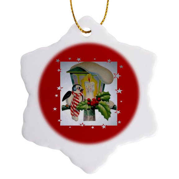 3drose, Winter Bird Sitting in Front of a Christmas Lantern, 3 inch Snowflake Porcelain Ornament