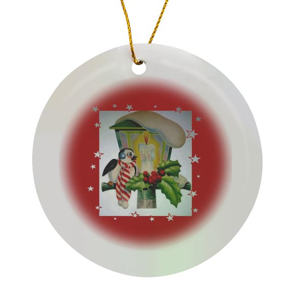3drose, Winter Bird Sitting in Front of a Christmas Lantern, Circle Porcelain Ornament