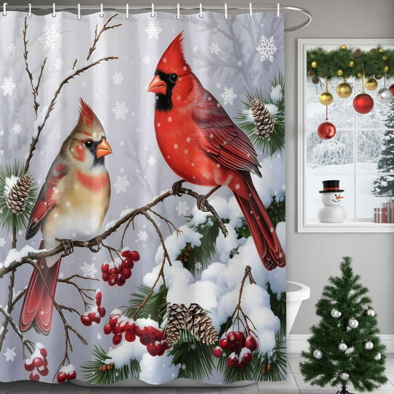 Winter Bird on Tree Branch Shower Curtain for Bathroom, Snowscape Snowflake Berry Pinecone Waterproof Shower Curtains Washable Quick Dry with Hooks Bathtub Curtains 60x72IN