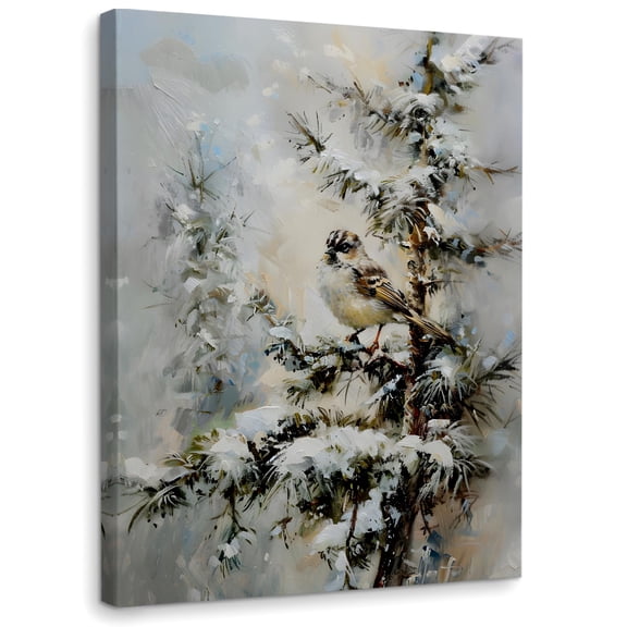 Winter Bird on Snowy Branch Canvas Wall Art, Sparrow Perched on Snow Covered Pine Tree, Nature Wildlife Decor for Bedroom Living Room Bathroom