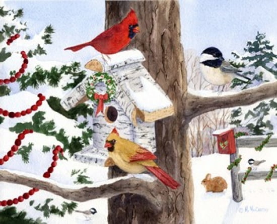 Winter Birdhouse And Cardinals Canvas Art - Maureen Mccarthy (20 x 16)