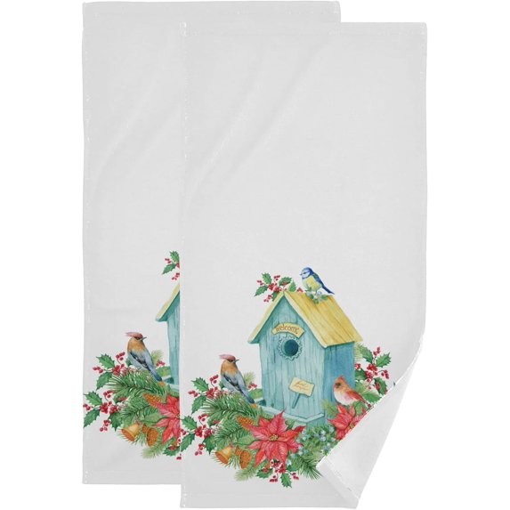 Winter Birdhouse Blue Hand Towels 2 PCS, Xmas Red Birds Kitchen Towel Ultra Soft and Highly Absorbent,Decorative Fingertip Face Towel for Bathroom Hotel, 28.3"x 14.4"