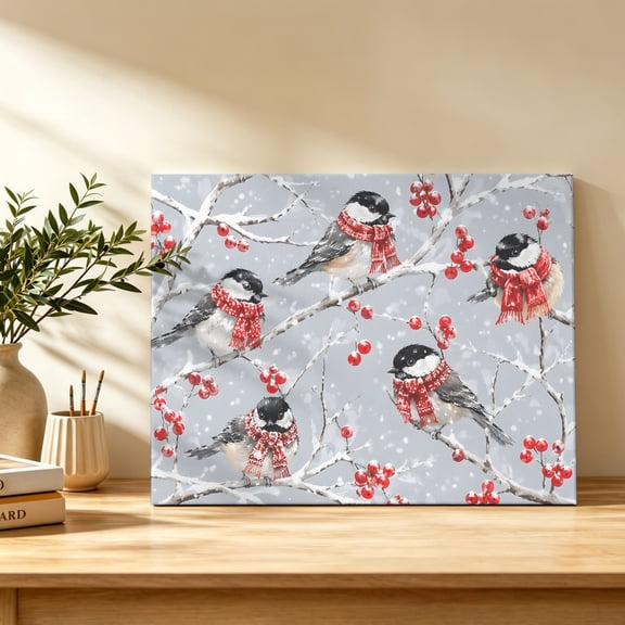 Winter Birds Canvas Wall Art, Grey Sky Tree Snowflakes Red Berry Birds Wearing Scarf Wall Art Prints Artwork Framed Canvas Ready to Hang Art Pictures for Bathroom Bedroom Entry Desk Corner 10" x 8"