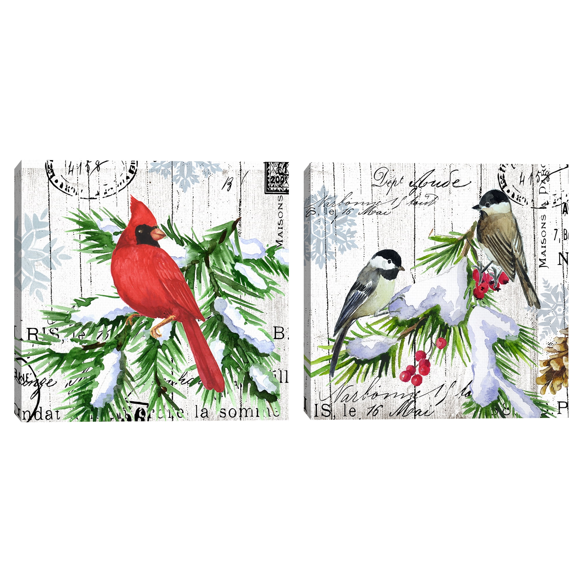 Winter Birds Cardinal 2 & Two Chickadees by Elena Vladykina Canvas Art Print S/2
