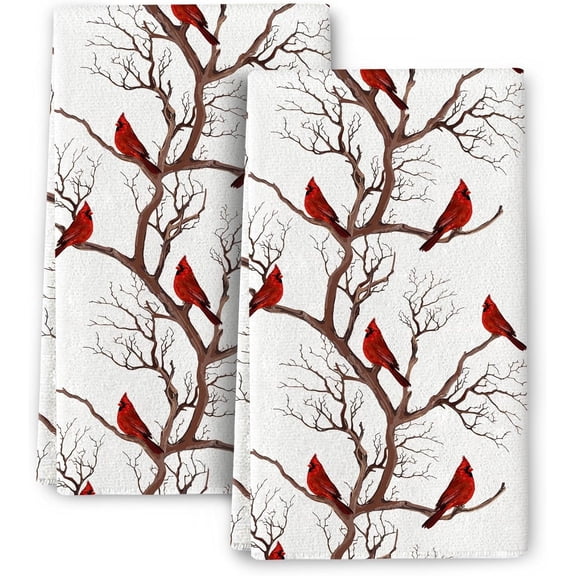 Winter Birds Cardinal Christmas Decor Kitchen Dish Towels Set of 2, Ultra Soft Absorbent Tea Towels Hand Drying Baking Cooking Cloth for Kitchen Decor, Christmas Gift