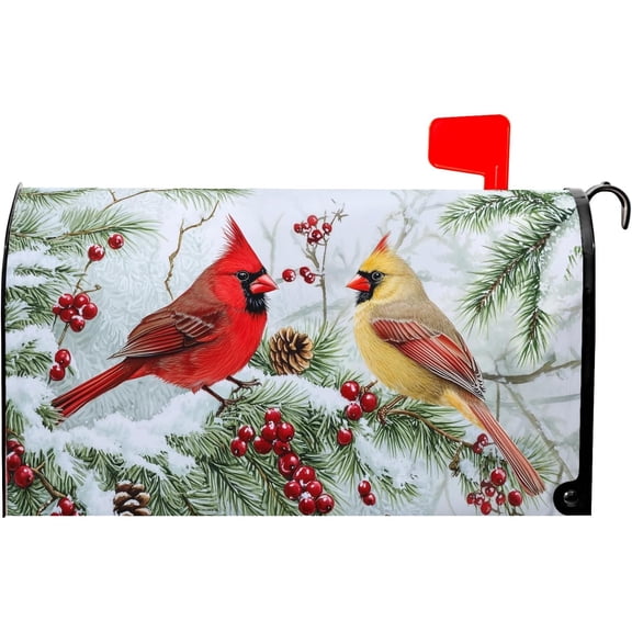 Winter Birds Mailbox Covers Magnetic Standard Size 21 x 18 Inch Christmas Red Bird Mailbox Wraps Post Letter Box Cover for Garden Yard Seasonal Holiday Home Decor