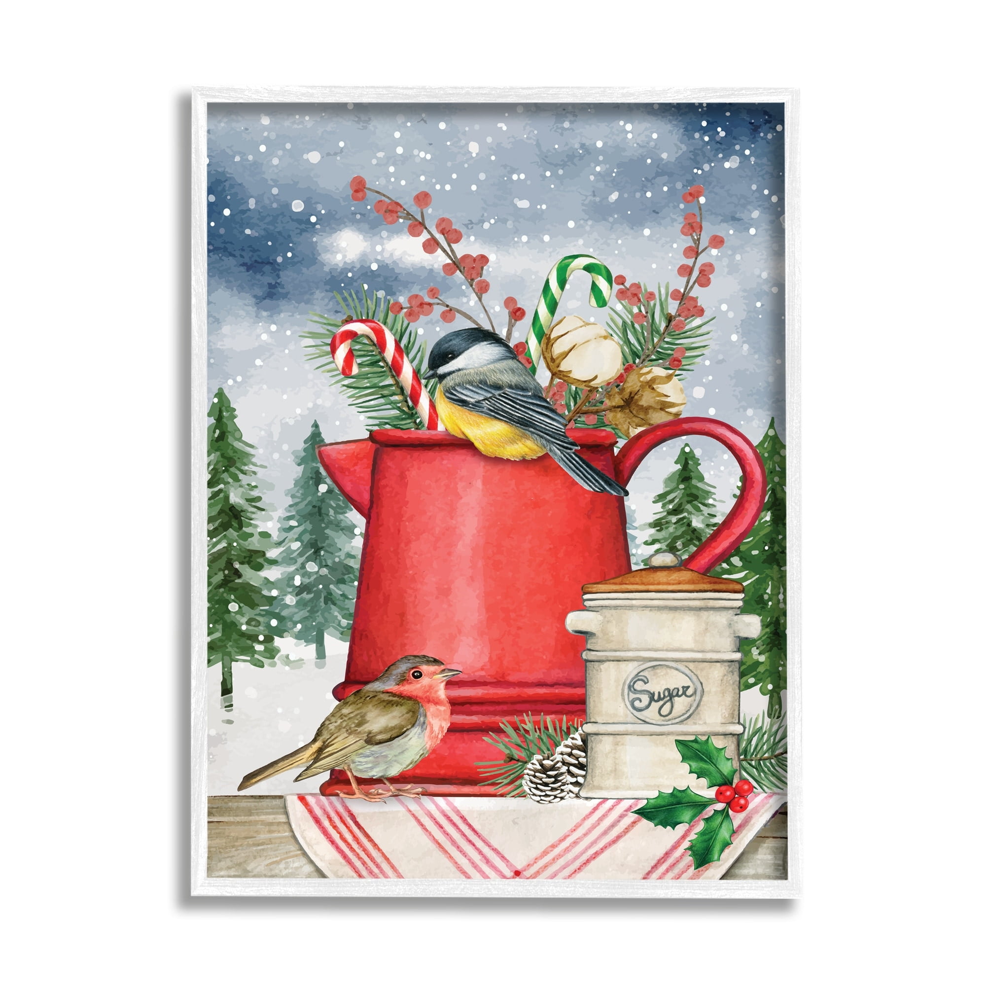 Winter Birds Perched Tea Kettle Holly & Fir Botanicals Botanical & Floral Painting Framed Art Print Wall Art