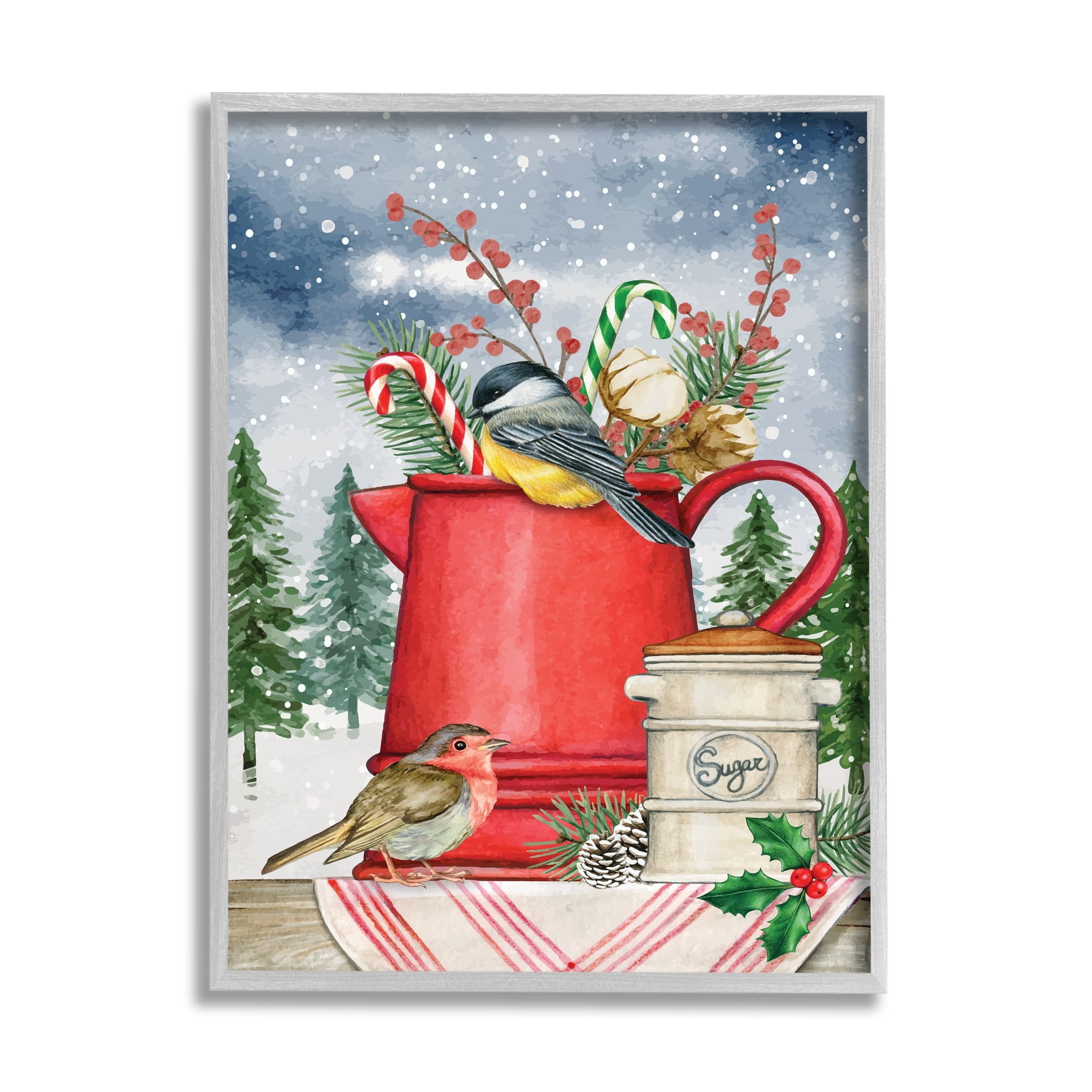 Winter Birds Perched Tea Kettle Holly & Fir Botanicals Botanical & Floral Painting Framed Art Print Wall Art