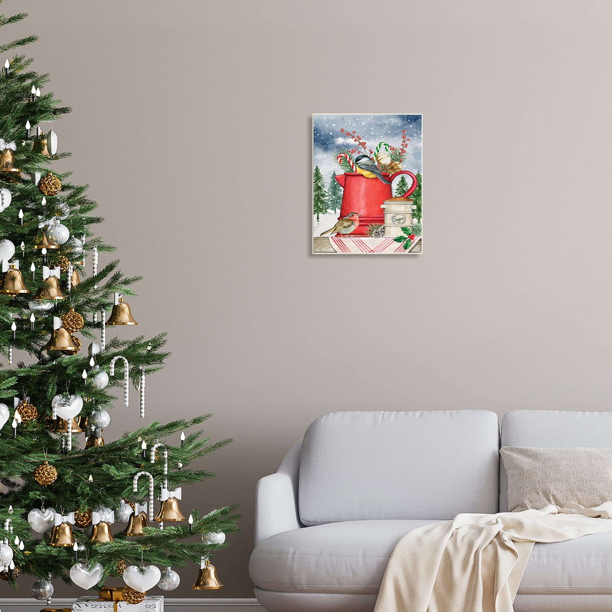 Winter Birds Perched Tea Kettle Holly & Fir Botanicals Botanical & Floral Painting Unframed Art Print Wall Art