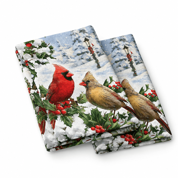 Winter Birds Print Absorbent Polyester Kitchen Towels Set of 2