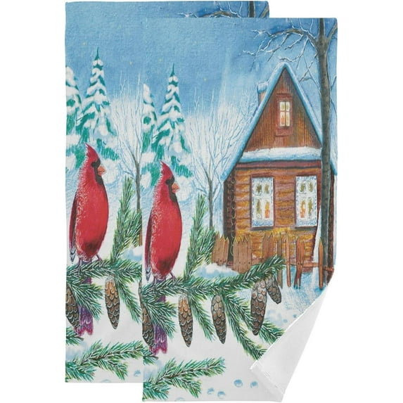 Winter Birds Snow View Hand Towels 2 PCS, Merry Christmas House Kitchen Towel Ultra Soft and Highly Absorbent,Decorative Fingertip Face Towel for Bathroom Hotel, 28.3"x14.4"