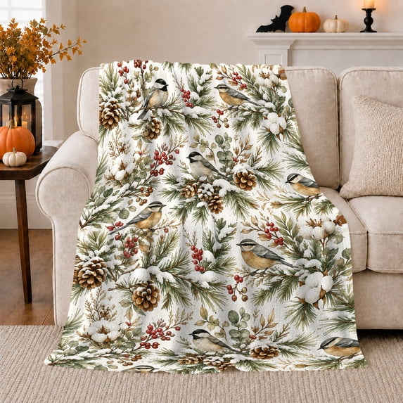 Winter Birds And Snowy Pinecones, Watercolor Winter Botanical Illustration for Birdwatching Enthusiasts, Christmas Gift, Cozy Flannel Blanket with Home Decor for Living Room and Bedroom