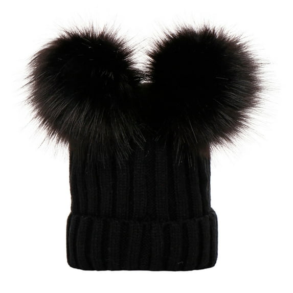 Winter Black Baseball Cap Boys Girls Solid Color Knit Hat Beanie Hairball Warm Acrylic