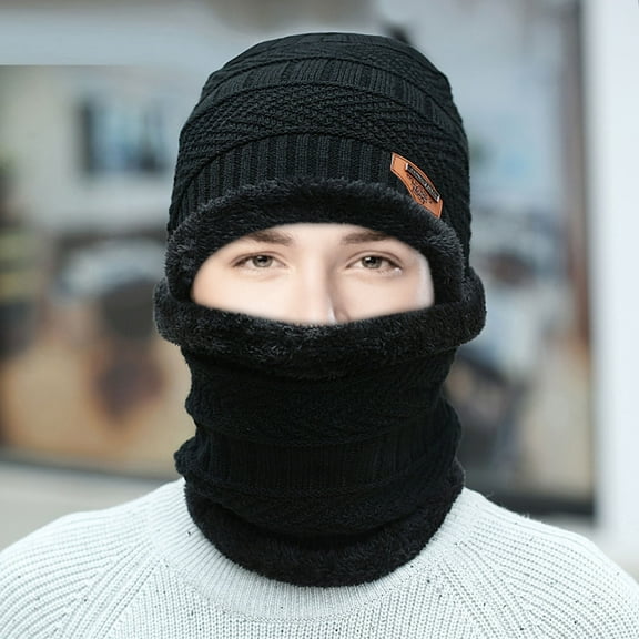 Fall Long Sleeve Thermal Beanie Hats for Unisex Black Winter Plush Hat Scarf Woolen Cap Cycling Windproof Two-piece Suit