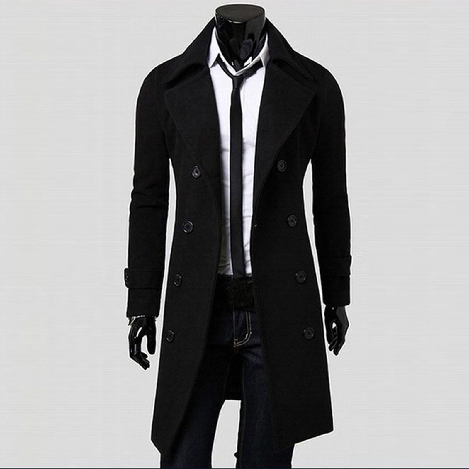 Winter Black Coats For Men Slim Stylish Trench Coat Double Long