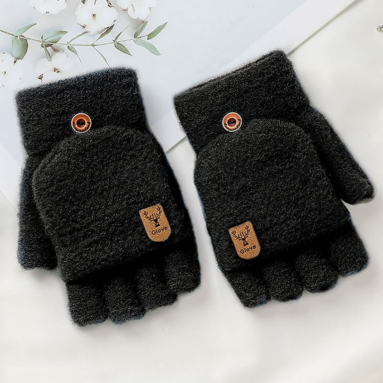 Winter Black Knitted Fingerless Gloves Thermal Insulation Warm Convertible  Mittens Flap Cover For Men Women 