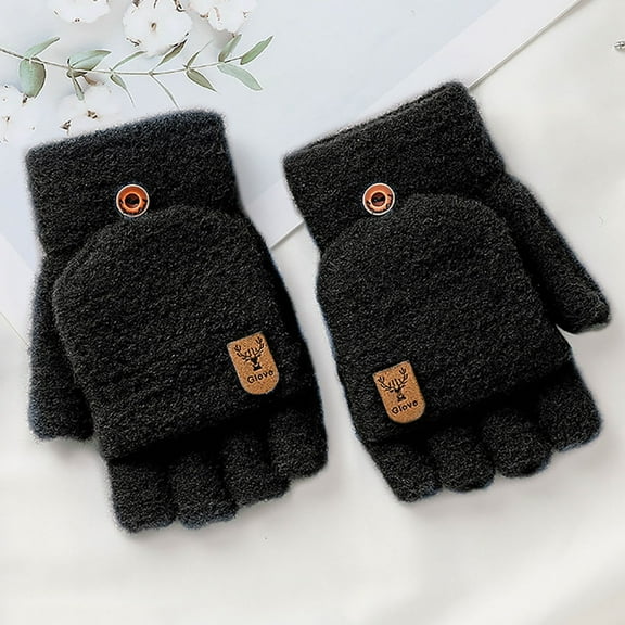 Winter Black Knitted Fingerless Gloves Thermal Insulation Warm Convertible Mittens Flap Cover For Men Women