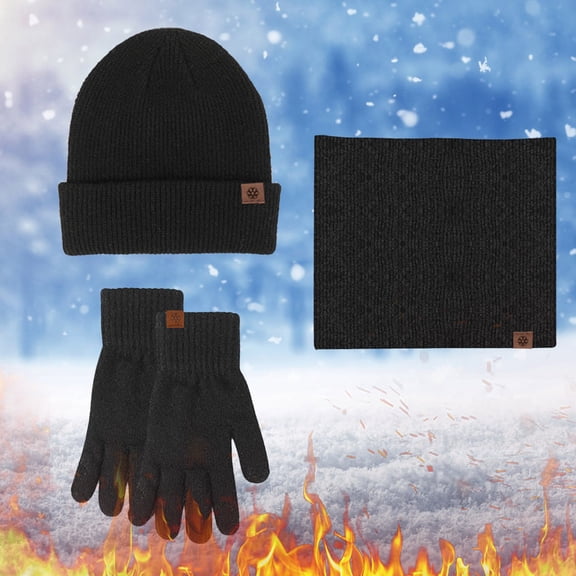 Winter Black Men Women Hat Warmer Scarf Touchscreen Gloves Set Neck Thick Knit