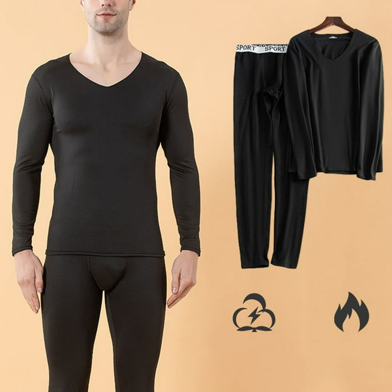 Winter Black Mens Outfits 2 Piece Constant Temperature Seamless Autumn  Thermal Underwear Set Clothes Trousers Polyester