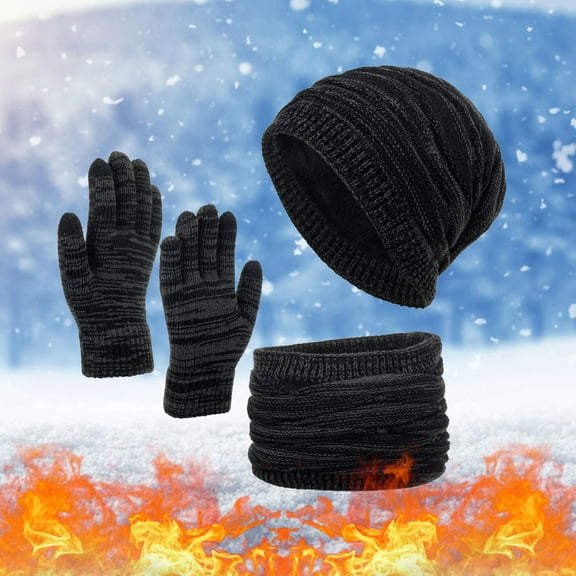 Winter Black Neutral Women Men Autumn And Solid Color Wool Hat Thickened Warm Ear Protection Cold Knitted Glove Scarf Three Piece Set