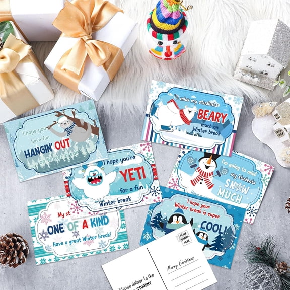Winter Blank Postcards Bulk for Teachers Send Mail Positive Holiday Greetings Cards Snow Monster Penguin Snowman Polar Bear Postcard