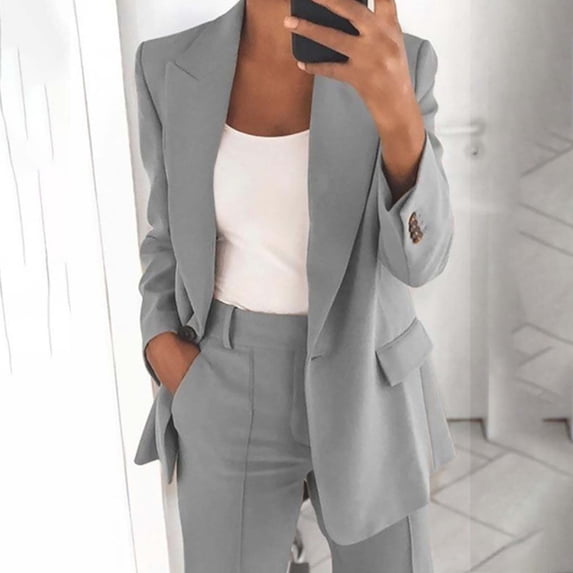 Winter Blazers for Women 2025 Lapel Button Jacket Work Clothes for Women Lapel Collar Boyfriend Blazer,Gray,Xxl
