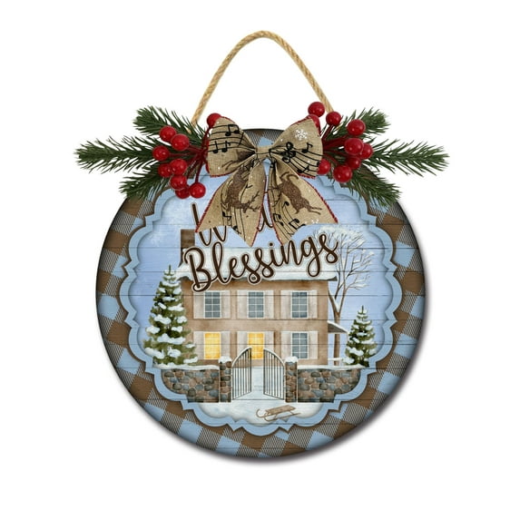 Winter Blessings Sign Front Door Porch Decorations, Round Rustic Wood Hanging Sign for Farmhouse Porch Outdoor Home Holiday Front Door Sign Decor