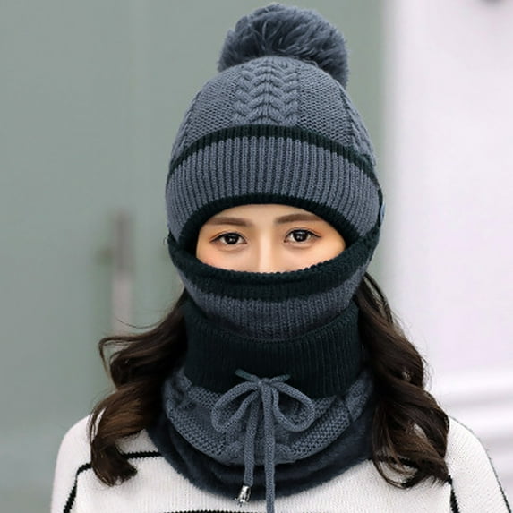 Winter Blue Baseball Cap Adult Windproof Hat Cycling Skiing Knit Scarf Mask Sets Warm Knitted Polyester