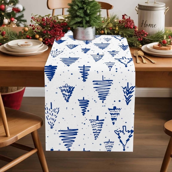 Winter Blue Christmas Tree Table Runner 13x60in Non-Slip Cotton Linen Table Runners, Abstract Art Dresser Scarves TableRunner for Dinner Kitchen Dining Wedding Party