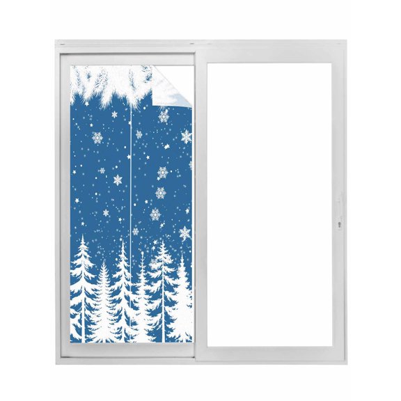Winter Blue Forest Window Privacy Film Christmas Country Pine Tree Leaf Snowflake Decorative Glass Window Film UV Blocking Static Cling Non-Adhesive Sticker Covering for Home Door 17.7 x 39.3 inches