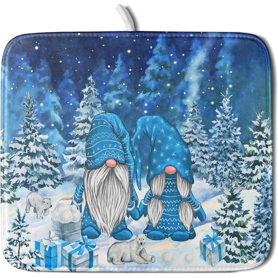 Winter Blue Gnome Dish Drying Mat for Kitchen Counter Pine Tree Microfiber Dish Pad Absorbent Reversible Fast Dry Draining Mats 16x18 Inch