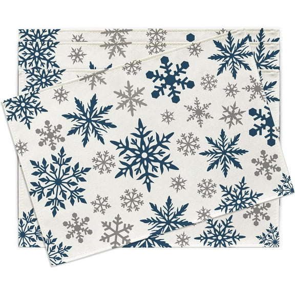 Winter Blue Grey Snowflake Placemats Set of 4, Christmas Snow Dining Place Mats Table Decor, Seasonal Home Kitchen Decoration 12 x 18 Inches