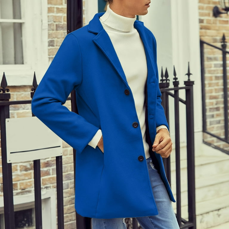 Winter Blue Jackets For Men Mens Casual Warm Solid Jacket Stand Collar Long Sleeve Zipper Fly Pocket Coat Polyester