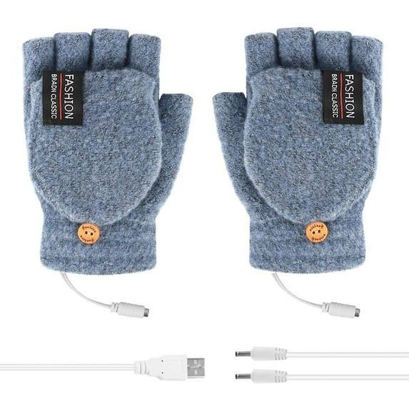Winter Blue Laptop Women Men Usb Heated Mitten Full&Half Finger Warm Knit Hand Gloves