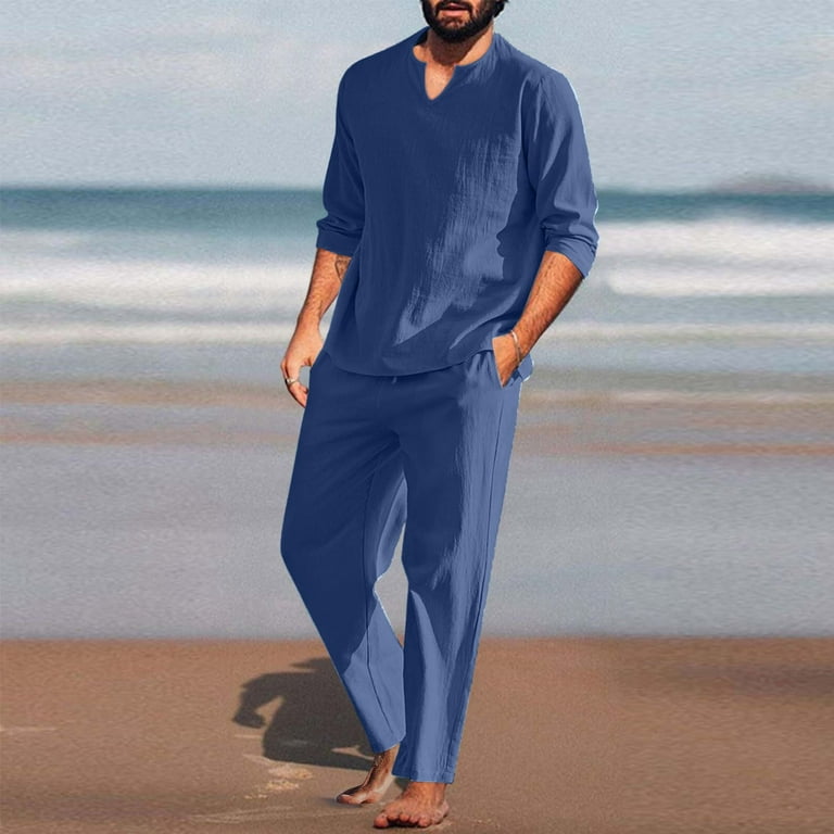Men Cotton Linen Long Sleeve Henley Shirt Casual Yoga Beach Pants
