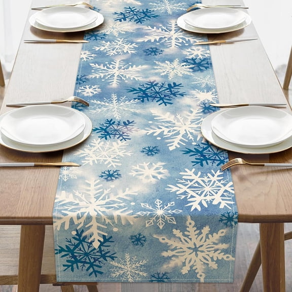Winter Blue Snowflake Dining Table Runner, Watercolor Snow Burlap Kitchen Decoration, Christmas Seasonal Indoor Outdoor Home Decor Party Supply 13.8 x 71 Inches
