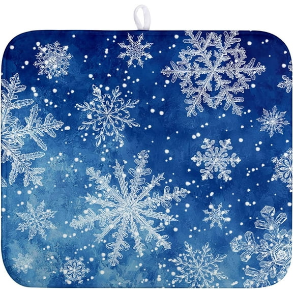 Winter Blue Snowflake Dish Drying Mat for Kitchen Counter Merry Christmas Snowflakes Drying Mats Xmas Holiday Dish Draining Mat Microfiber Absorbent Dish Drainer Rack Pad 16x18 Inch