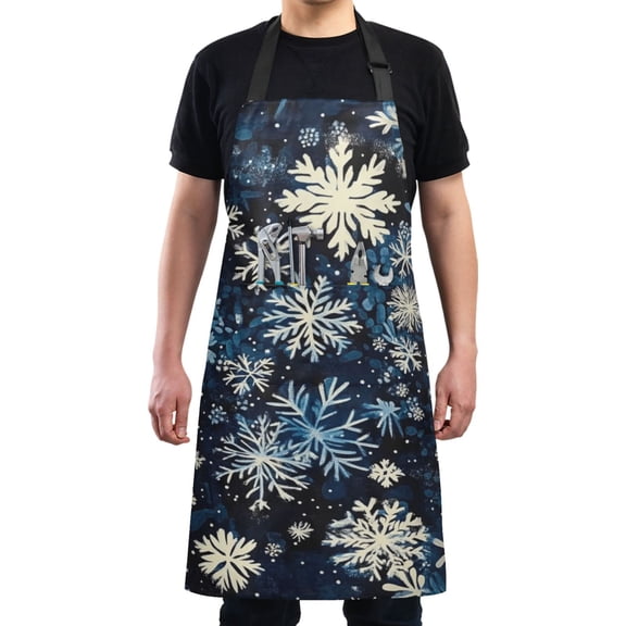 Winter Blue Snowflakes Chef Kitchen Apron with Pockets for Women Waterproof Aprons for Cooking Baking