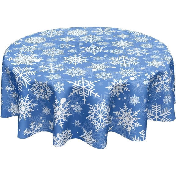 Winter Blue Snowflakes Round Tablecloth 60 Inch Blue and White Christmas Table Cloth Xmas Holiday Polyester Table Cover for Party Dining Room Home Winter Table Decorations