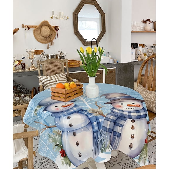 Winter Blue Snowman Christmas Tablecloth Square Table Cloth 60x60 , Waterproof Tablecloth Outdoor Table Cloth, Snowflake Xmas Tree Washable Table Cover for Kitchen Dining Party