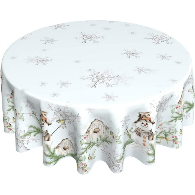 Winter Blue Snowman Round Tablecloth 60 Inch Christmas Snowflake Decoration Holiday Snow Table Cloth Polyester Fabric Waterproof Washable Table Cover for Home Kitchen Outdoor Party