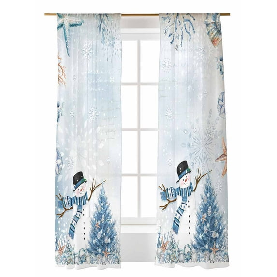 Winter Blue Snowman Sheer Curtains 84 Inch Long 2 Panels, Christmas Tree Blue Ocean Light Filtering Rod Pocket Semi Sheer Curtains, Sheer Voile Drapes for Living Room Bedroom, 52"x84"