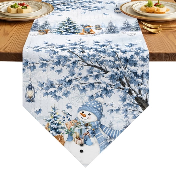 Winter Blue Snowman Table Runner 36 Inches Long Christmas Maple Tree Deer Squirrel Snowflake Table Runners for Dining Room Tabletop Dresser Scarf Xmas Winter Seasonal Holiday Table Decoration