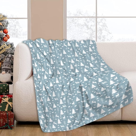 Winter Blue Throw Blanket Blue Woods Forest Animal Deer Christmas Tree Blanket Cozy Soft Lightweight Flannel Plush Blankets for Bed Couch Living Room Sofa Chair,60x80 Inch